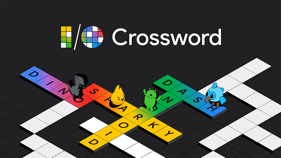 Cruzadinha de palavras em um fundo preto com os nomes dos mascotes do Google, incluindo Firebase Sparky, Chrome Dino, Android Robot e Flutter Dash